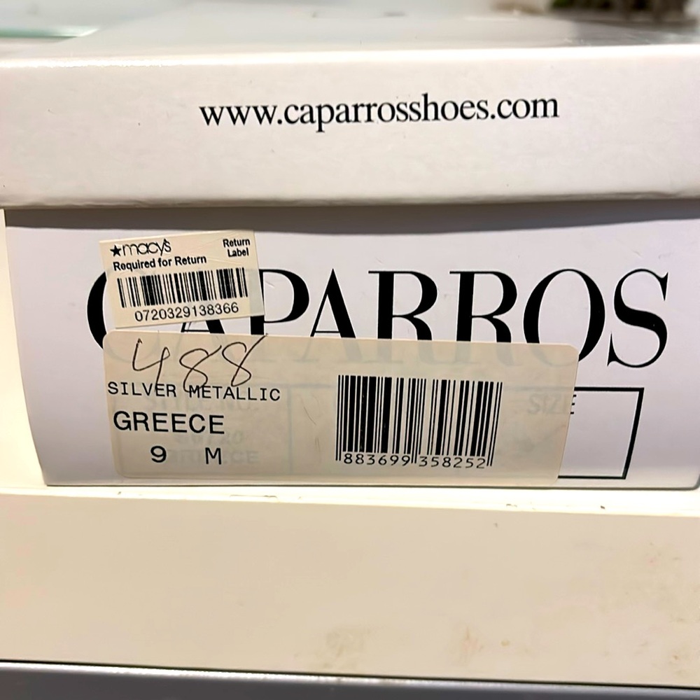Side 9 metallic open toed heels by Caparros. Style name is “Greece”